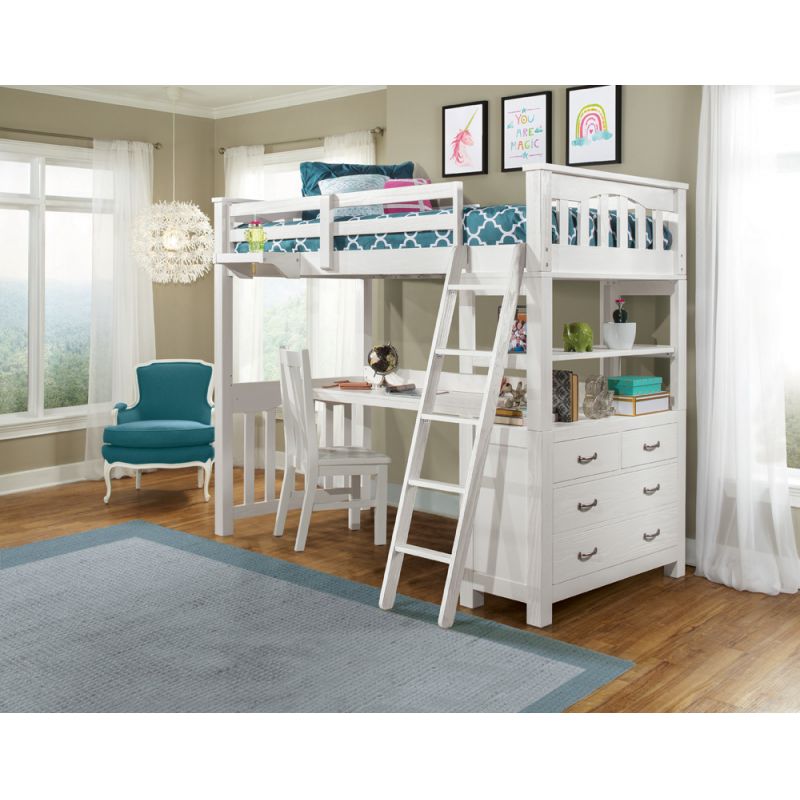 Hillsdale Kids and Teen - Highlands Wood Twin Loft Bed with Desk, Chair, and Hanging Nightstand, White - 12070NDCHN