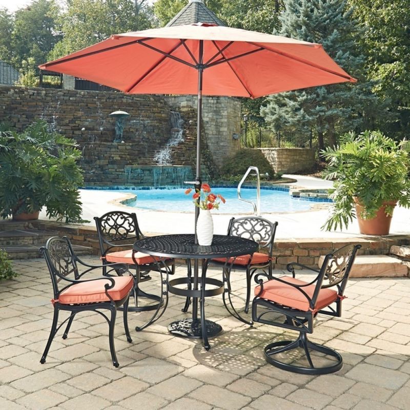 Homestyles Furniture - Sanibel Black 6 Piece Outdoor Dining Set with Umbrella and Cushions - 6654-30856C