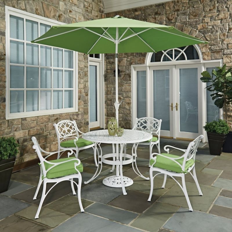 Homestyles Furniture - Sanibel White 6 Piece Outdoor Dining Set with Umbrella and Cushions - 6652-3086C