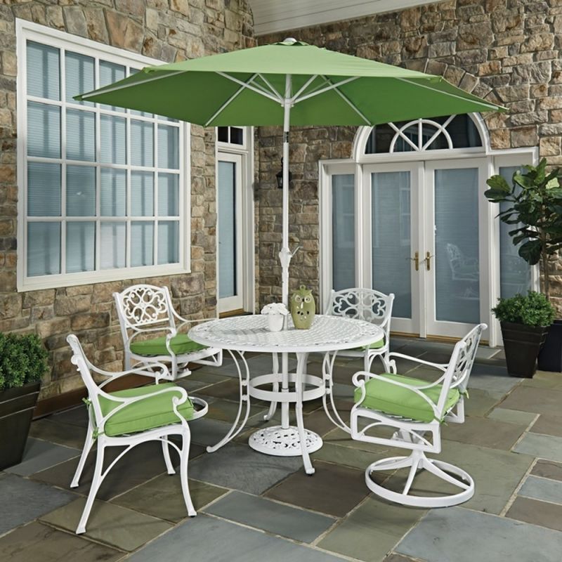 Homestyles Furniture - Sanibel White 6 Piece Outdoor Dining Set with Umbrella and Cushions - 6652-32856C