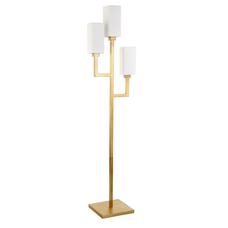 Hudson & Canal - Basso 3-Light Torchiere Floor Lamp with Fabric Shade in Brass/White - FL0601
