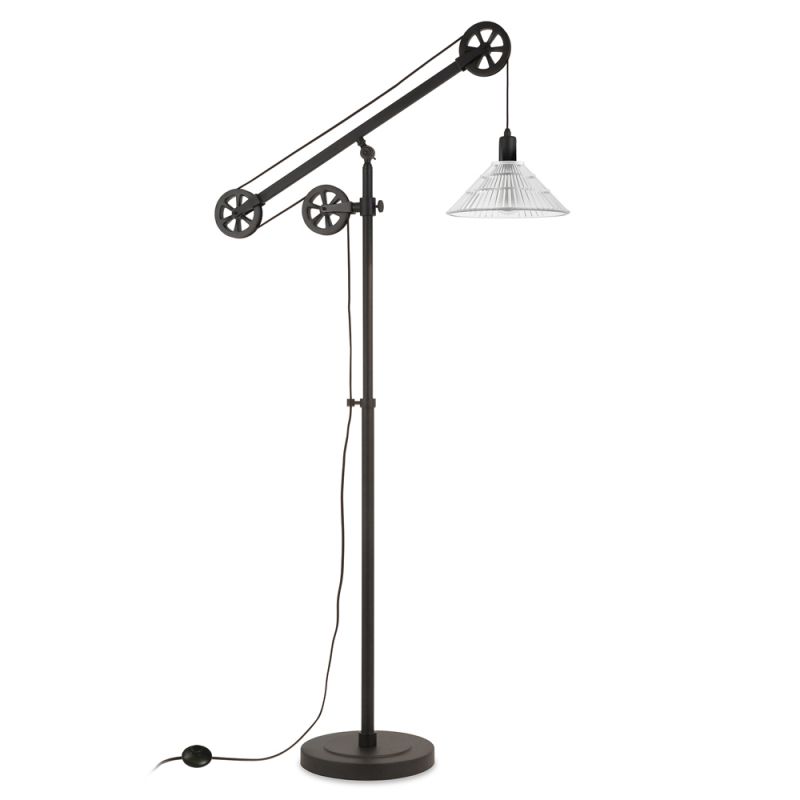 Hudson & Canal - Descartes Pulley System Floor Lamp with Ribbed Glass Shade in Blackened Bronze/Clear - FL0157