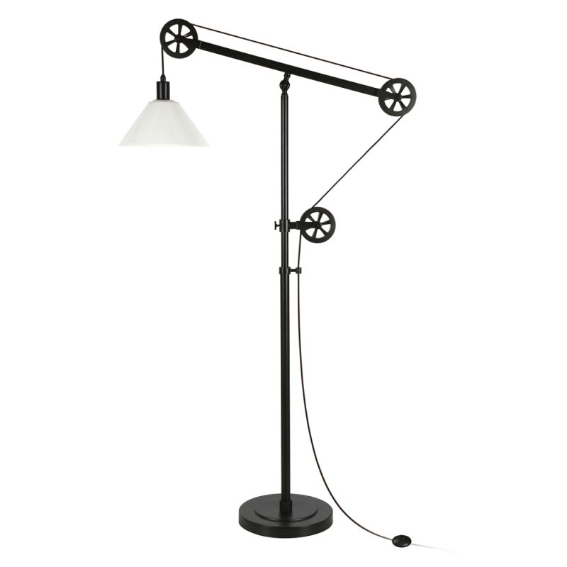 Hudson & Canal - Descartes Pulley System Floor Lamp with Glass Shade in Blackened Bronze/White - FL0409