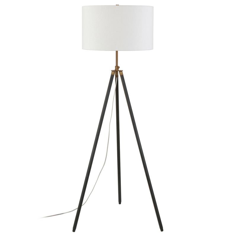 Hudson & Canal - Kahn Two-Tone Floor Lamp with Fabric Shade in Blackened Bronze/Antique Brass/White - FL1095