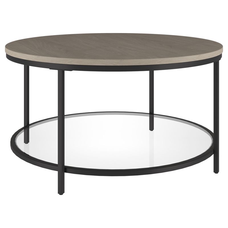 Hudson & Canal - Sevilla 32'' Wide Round Coffee Table with MDF Top and Glass Shelf in Blackened Bronze/Antiqued Gray Oak - CT1953