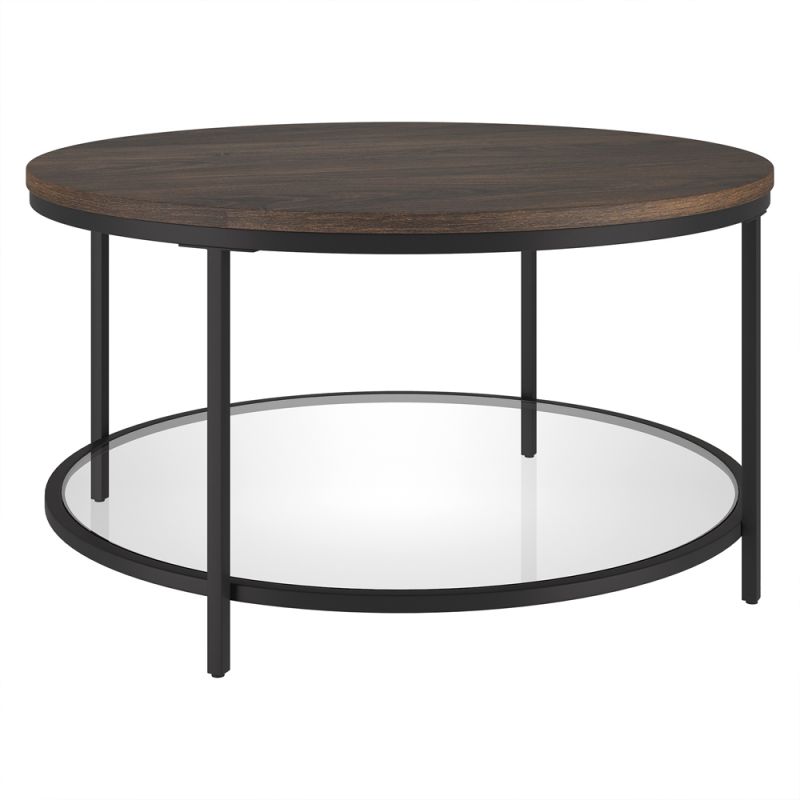 Hudson & Canal - Sevilla 32'' Wide Round Coffee Table with MDF Top and Glass Shelf in Blackened Bronze/Alder Brown - CT1954