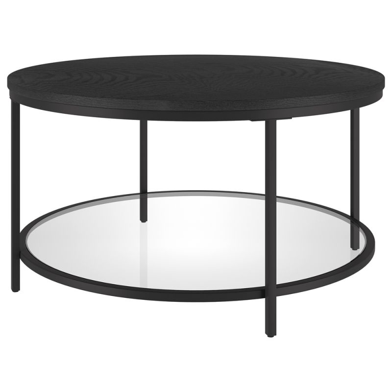 Hudson & Canal - Sevilla 32'' Wide Round Coffee Table with MDF Top and Glass Shelf in Blackened Bronze/Black Grain - CT1952