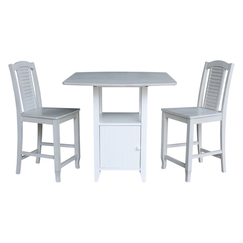 International Concepts (Set of 3 Pcs) - Dual Drop Leaf Bistro Table - Counter Height with Storage - 2 Counter Height Stools in White/Chalk - Antiqued Finish - K128-3638-S452-2