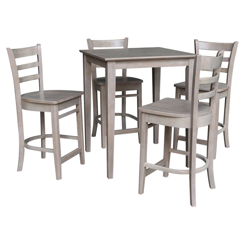 International Concepts - (Set of 5 Pcs) 30X30 Counter Height Table with 4 Stools in Washed Gray Taupe Finish - K09-3030-S6172-4