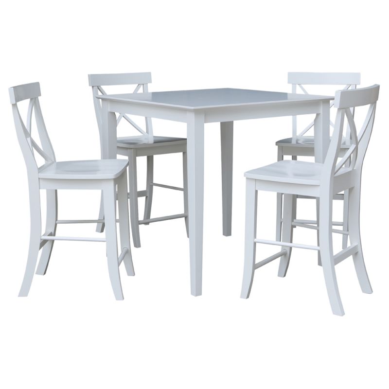 International Concepts - (Set of 5 Pcs) 36X36 Counter Height Dining Table with 4 X-Back Counter Height Stools in White Finish - K08-3636-S6132-4