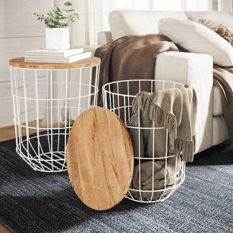 Jofran - Global Archive Nested Storage Solid Wood and Metal Basket End Tables (Set of 2) White - 2330-1815WH