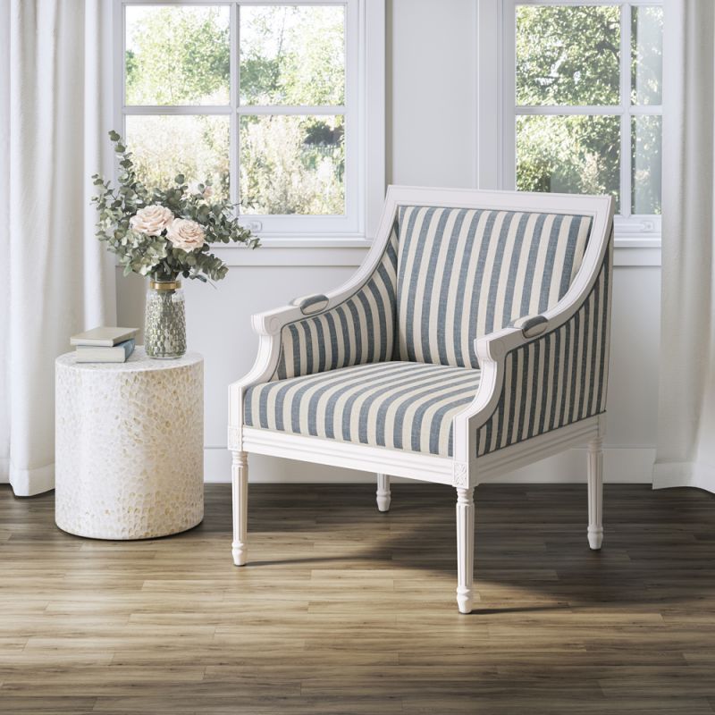 Jofran - McKenna French Detailing Solid Wood Upholstered Accent Chair - KD, Blue Stripe - MCKENNAKD-CH-BLUSTRP