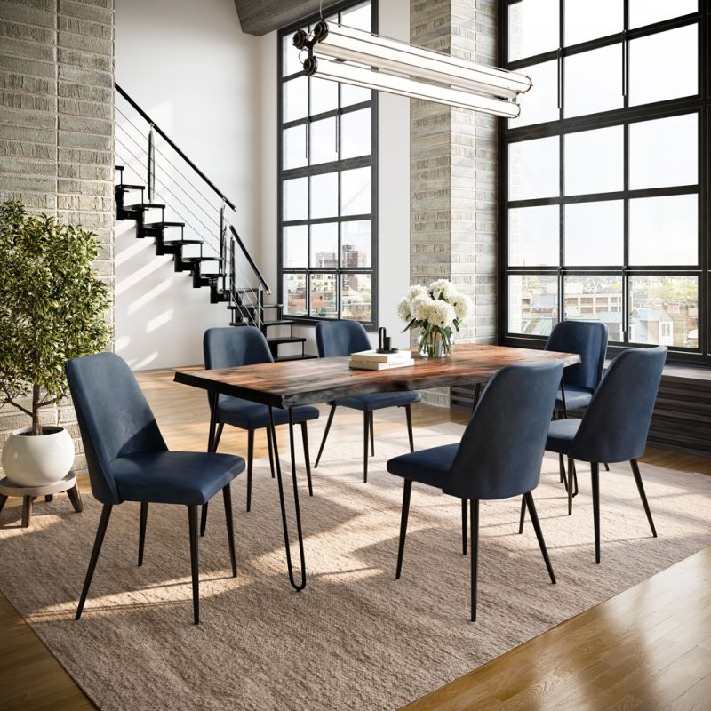 Jofran - Nature's Edge Seven Piece Solid Acacia Dining Set with Upholstered Mid-Century Modern Chairs, Chestnut and Blueberry - 1781-79D-6-DOXCHBLB