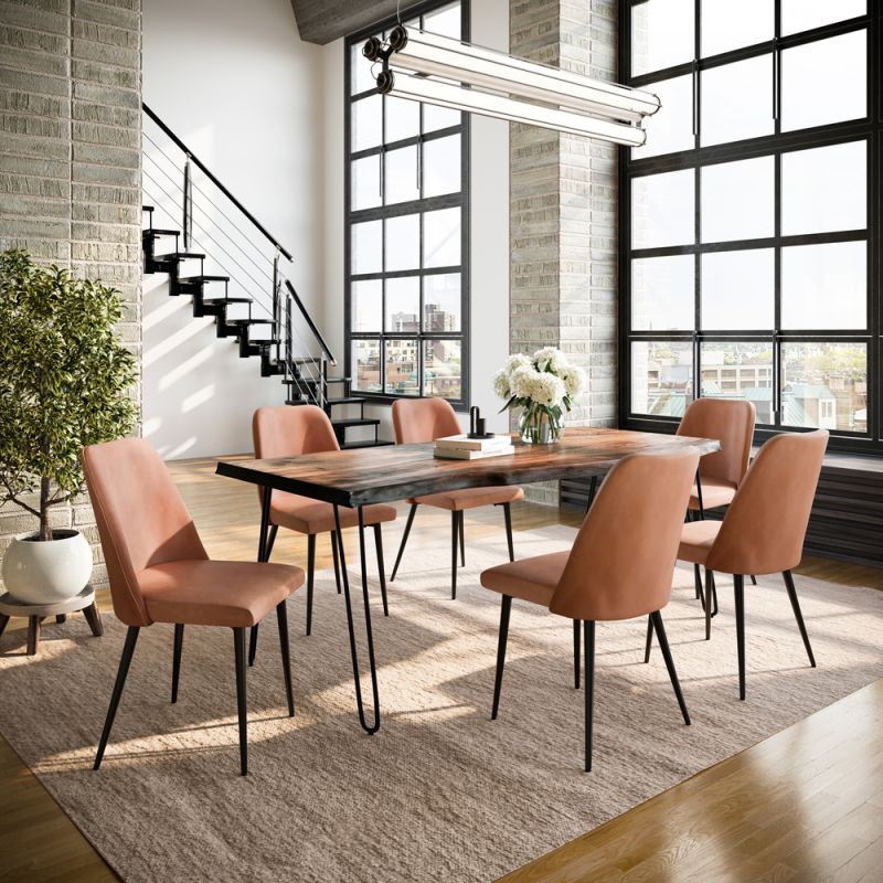 Jofran - Nature's Edge Seven Piece Solid Acacia Dining Set with Upholstered Mid-Century Modern Chairs, Chestnut and Light Brown - 1781-79D-6-DOXCHLBN