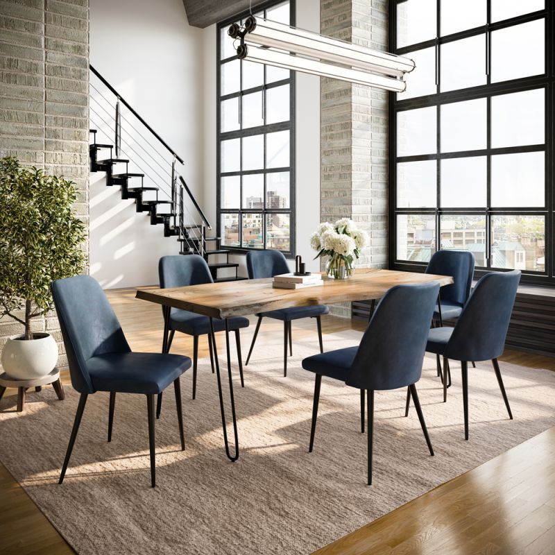 Jofran - Nature's Edge Seven Piece Solid Acacia Dining Set with Upholstered Mid-Century Modern Chairs, Natural and Blueberry - 1985-79D-6-DOXCHBLB