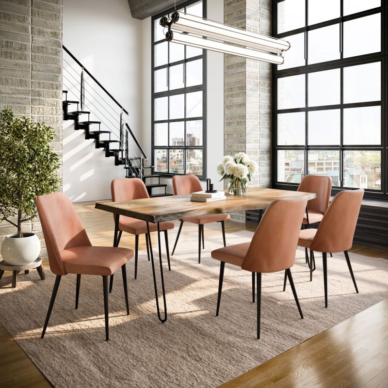 Jofran - Nature's Edge Seven Piece Solid Acacia Dining Set with Upholstered Mid-Century Modern Chairs, Natural and Light Brown - 1985-79D-6-DOXCHLBN
