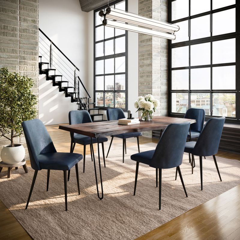 Jofran - Nature's Edge Seven Piece Solid Acacia Dining Set with Upholstered Mid-Century Modern Chairs, Slate and Blueberry - 1981-79D-6-DOXCHBLB