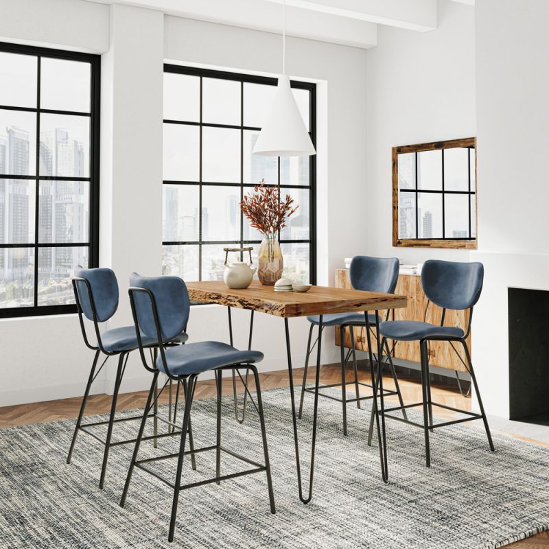 Jofran - Nature's Edge Solid Acacia Five Piece Counter Height Dining Set with Modern Upholstered Faux Leather Barstools, Natural and Slate Blue - 1985-52C-4-OWNSTSL