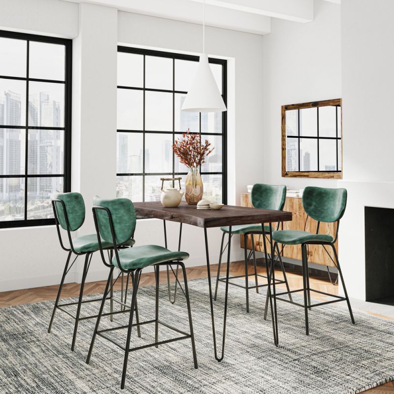 Jofran - Nature's Edge Solid Acacia Five Piece Counter Height Dining Set with Modern Upholstered Faux Leather Barstools, Slate and Jade - 1981-52C-4-OWNSTJD