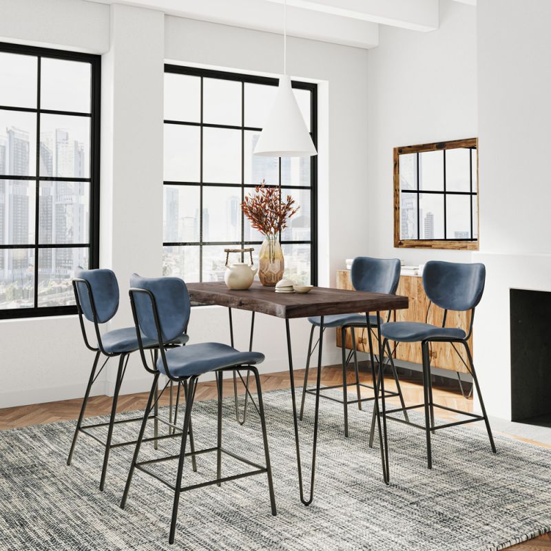 Jofran - Nature's Edge Solid Acacia Five Piece Counter Height Dining Set with Modern Upholstered Faux Leather Barstools, Slate and Slate Blue - 1981-52C-4-OWNSTSL