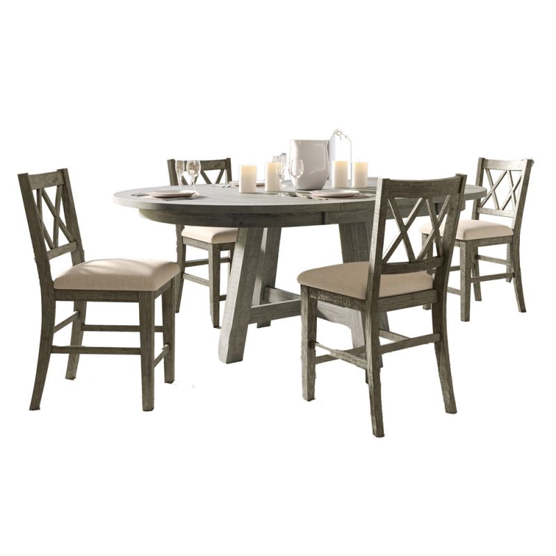 Jofran - Telluride Contemporary Rustic Farmhouse Five Piece Counter Height Dining Table Set with Cross Back Stools, Driftwood Grey - 2231-54C-5UXB