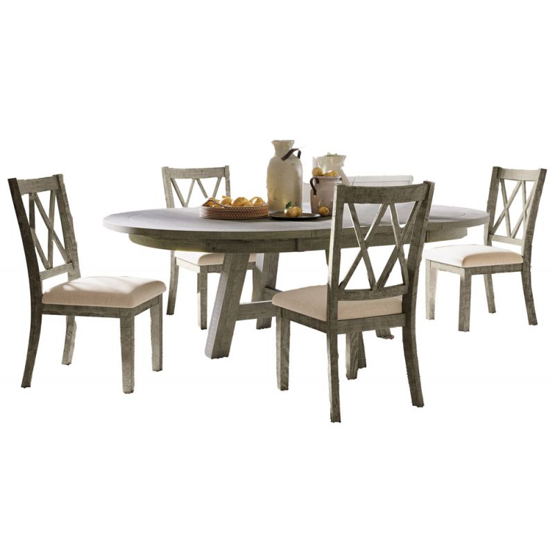 Jofran - Telluride Contemporary Rustic Farmhouse Five Piece Dining Table Set with Cross Back Chairs, Driftwood Grey - 2231-54D-5UXB