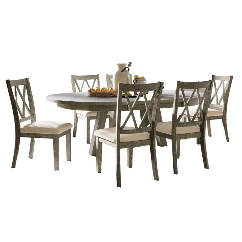 Jofran - Telluride Contemporary Rustic Farmhouse Seven Piece Dining Table Set with Cross Back Chairs, Driftwood Grey - 2231-54D-7UXB