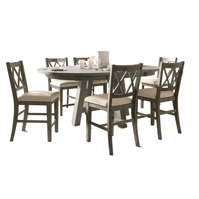 Jofran - Telluride Contemporary Rustic Farmhouse Seven Piece Counter Height Dining Table Set with Cross Back Stools, Driftwood Grey - 2231-54C-7UXB