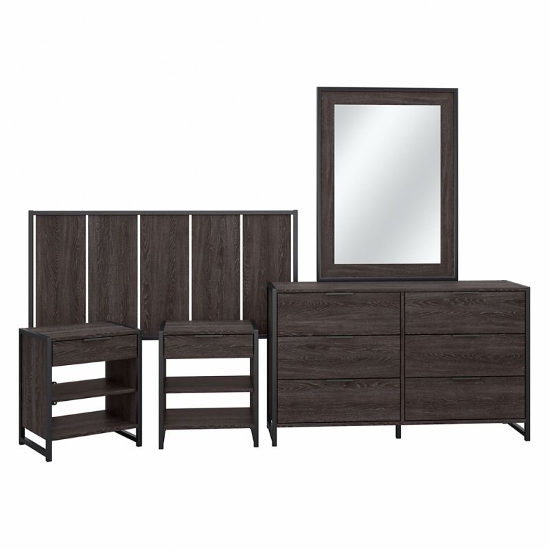 Kathy Ireland Home - Atria Full/Queen Headboard w 6 Drawer Dresser, Mirror and Nightstands in Charcoal Gray - ATR014CR