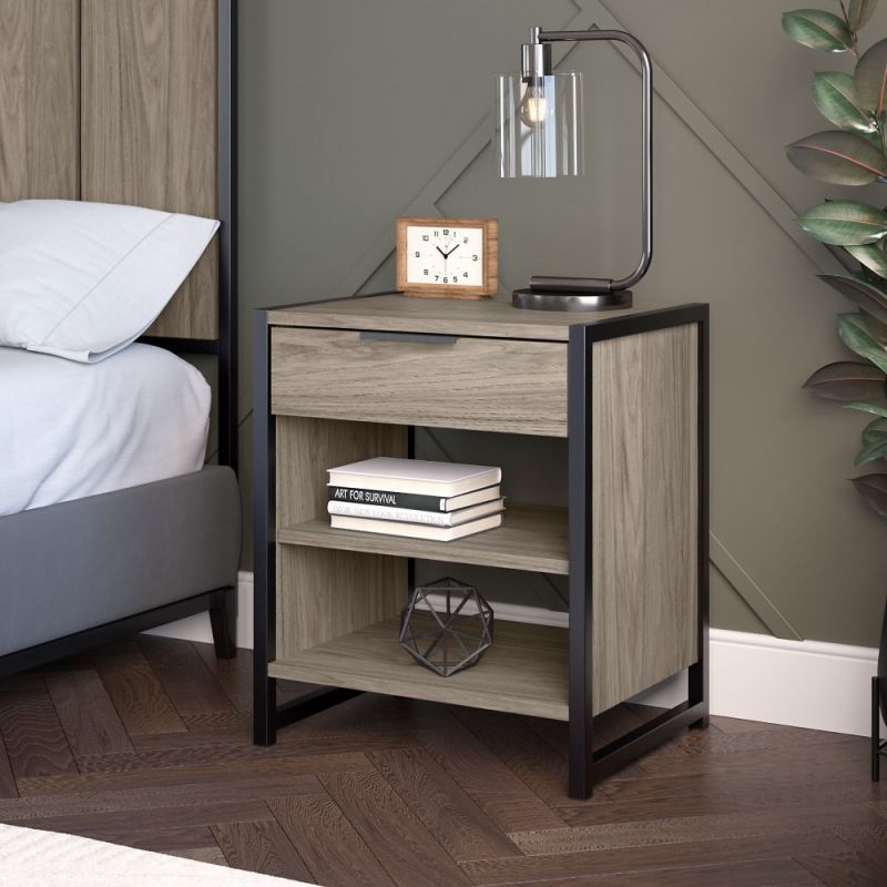 Kathy Ireland Home - Atria Small Nightstand with Drawer and Shelves in Modern Hickory - ARS119MH