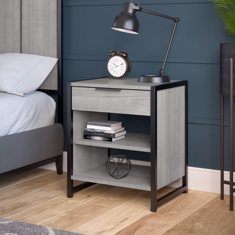 Kathy Ireland Home - Atria Small Nightstand with Drawer and Shelves in Platinum Gray - ARS119PG