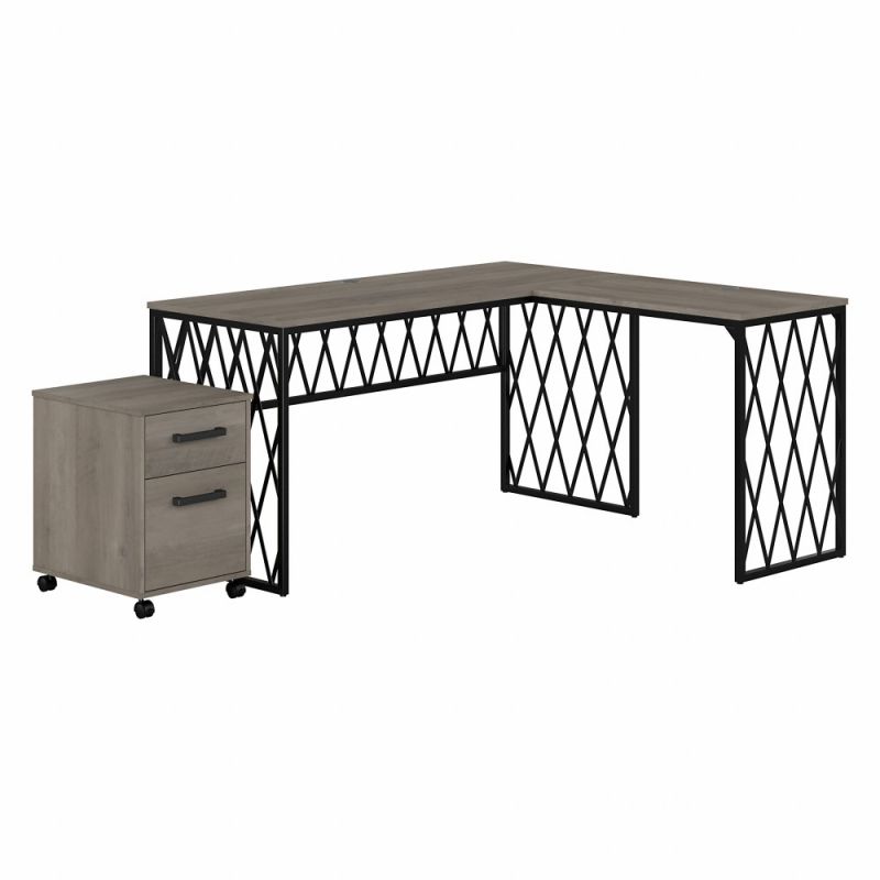 Kathy Ireland Home - City Park 60W Industrial L Shaped Desk with Mobile File Cabinet in Driftwood Gray - CPK005DG