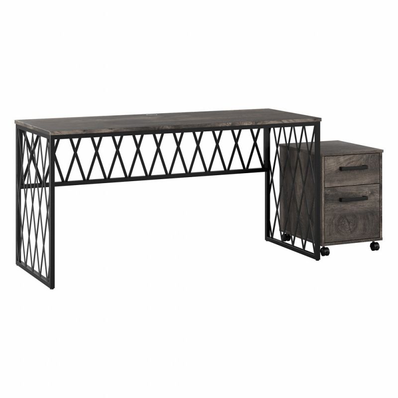 Kathy Ireland Home - City Park 60W Industrial Writing Desk with Mobile File Cabinet in Dark Gray Hickory - CPK004GH