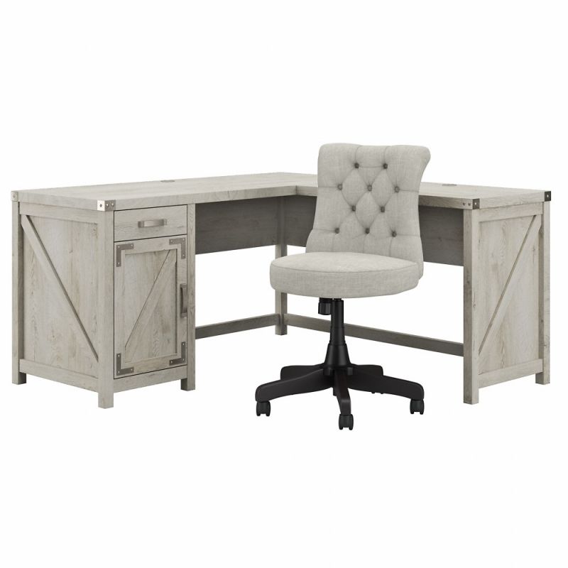 Kathy Ireland Home - Cottage Grove 60W L Desk with Mid Back Tufted Chair in White - CGR012CWH