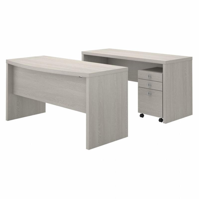 Kathy Ireland Home - Echo Bow Front Desk and Credenza with Mobile File Cabinet in Gray Sand - ECH010GS
