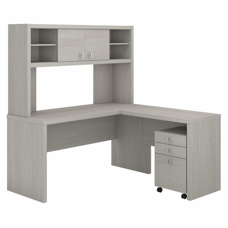 Kathy Ireland Home - Echo L Shaped Desk with Hutch and Mobile File Cabinet in Gray Sand - ECH009GS