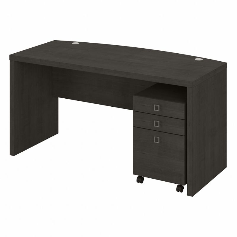 Kathy Ireland Office - Echo Bow Front Desk with Mobile File Cabinet in Charcoal Maple - ECH001CM