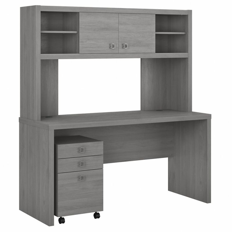 Kathy Ireland Office - Echo Credenza Desk with Hutch and Mobile File Cabinet in Modern Gray - ECH006MG