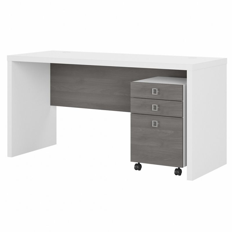 Kathy Ireland Office - Echo Credenza Desk with Mobile File Cabinet in Pure White and Modern Gray - ECH003WHMG