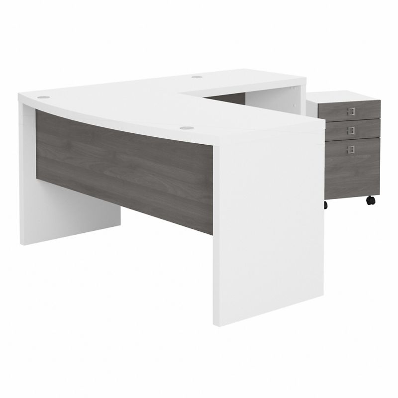 Kathy Ireland Office - Echo L Shaped Bow Front Desk with Mobile File Cabinet in Pure White and Modern Gray - ECH007WHMG