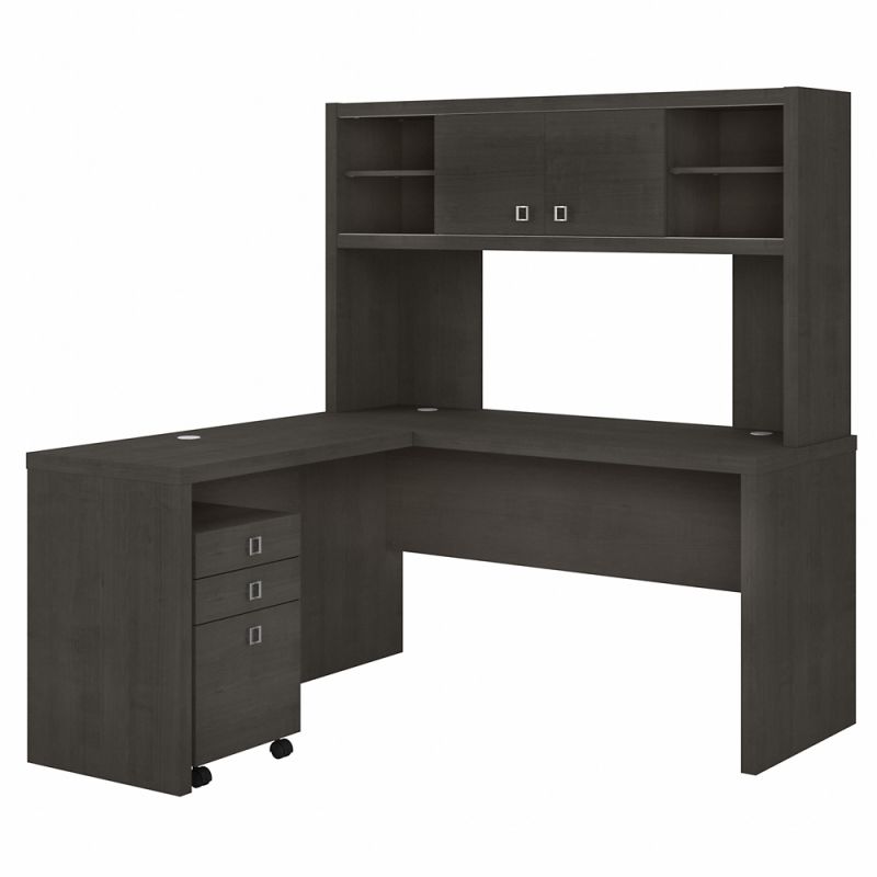 Kathy Ireland Office - Echo L Shaped Desk with Hutch and Mobile File Cabinet in Charcoal Maple - ECH009CM