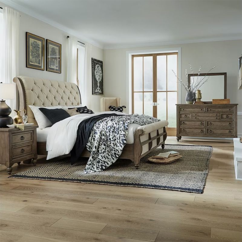 Liberty Furniture - Americana Farmhouse Queen Sleigh Bed, Dresser & Mirror, N/S  - 615-BR-QSLDMN