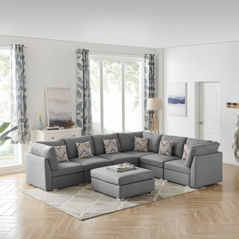 Lilola Home - Amira Gray Fabric Reversible Modular Sectional Sofa with Ottoman and Pillows - 89825-7