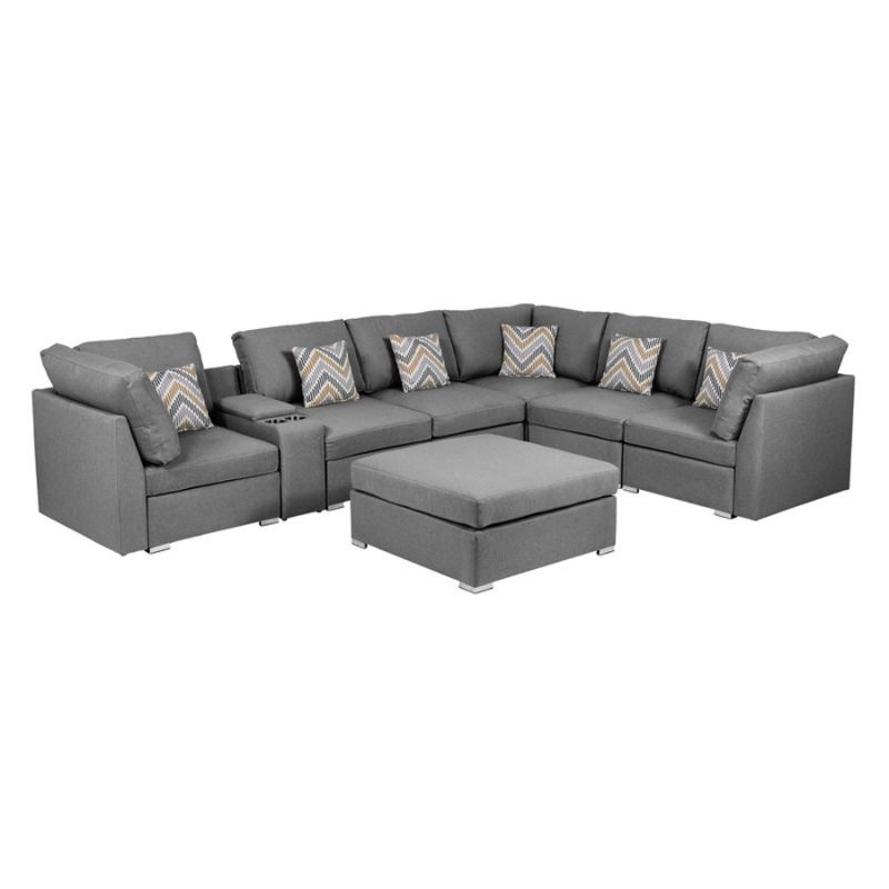 Lilola Home - Amira Gray Fabric Reversible Modular Sectional Sofa with USB Console and Ottoman - 89825-6B
