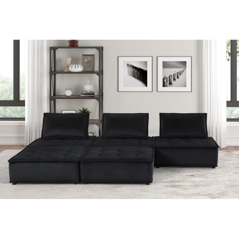Lilola Home - Anna Black Velvet 5 Pc Sectional Sofa Ottoman - 81402-5D