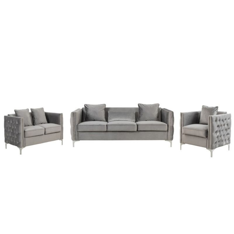 Lilola Home - Bayberry Gray Velvet Sofa Loveseat Chair Living Room Set - 89635