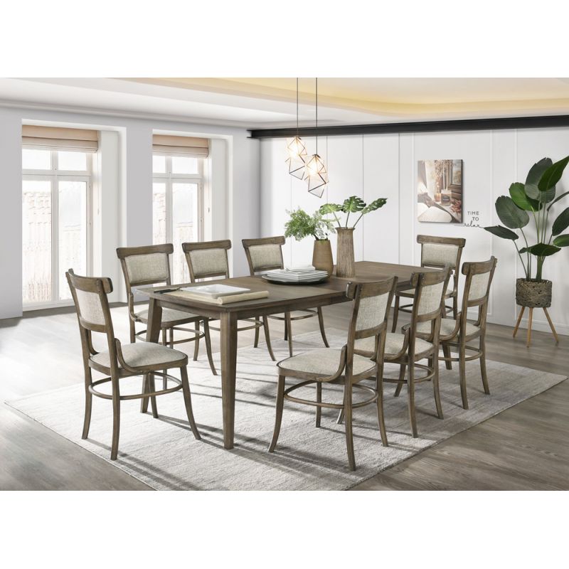 Lilola Home Bistro Vintage Walnut 9 Piece Dining Table with Extension Leaf and Off White Fabric Dining Chairs - 30002-3