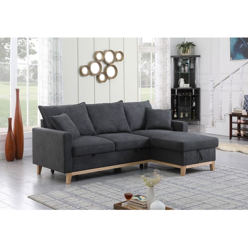 Lilola Home - Colton Dark Gray Woven Reversible Sleeper Sectional Sofa with Storage Chaise - 81344