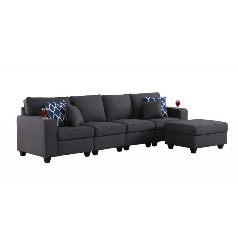 Lilola Home - Cooper Dark Gray Linen 4-Seater Sofa with Ottoman and Cupholder - 89132-16B