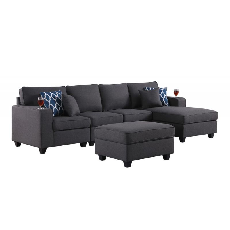 Lilola Home - Cooper Dark Gray Linen 5Pc Sectional Sofa Chaise with Ottoman and Cupholder - 89132-6A